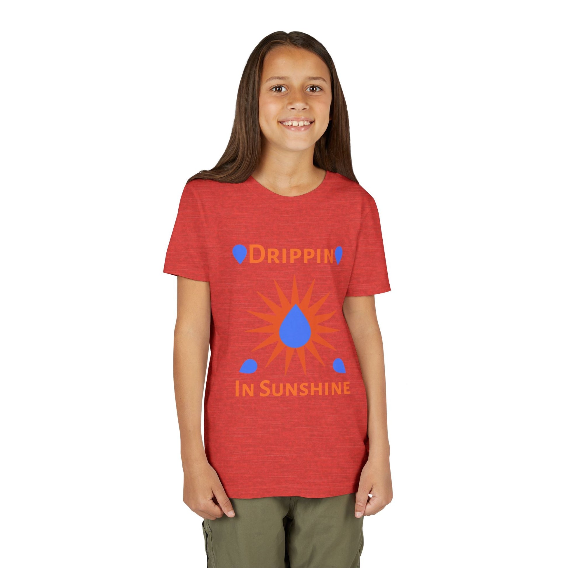 Child wearing red youth short sleeve tee with "Drippin in Sunshine" graphic design