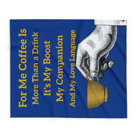 Coffee Lover's Cozy Fleece Blanket with coffee-themed text and hand holding a cup on blue background