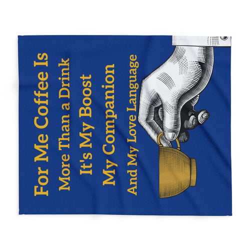 Coffee Lover's Cozy Fleece Blanket with coffee-themed text and hand holding a cup on blue background