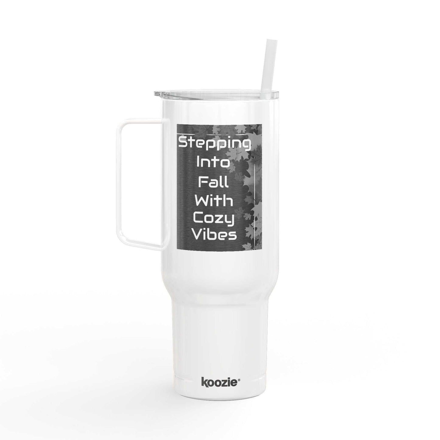 Cozy Vibes Insulated Tumbler white travel mug with handle and straw, fall-themed design, spill-resistant lid, 40oz capacity, eco-friendly recycled material