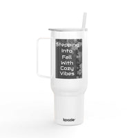 Cozy Vibes Insulated Tumbler white travel mug with handle and straw, fall-themed design, spill-resistant lid, 40oz capacity, eco-friendly recycled material