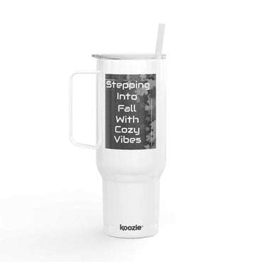 Cozy Vibes Insulated Tumbler white travel mug with handle and straw, fall-themed design, spill-resistant lid, 40oz capacity, eco-friendly recycled material