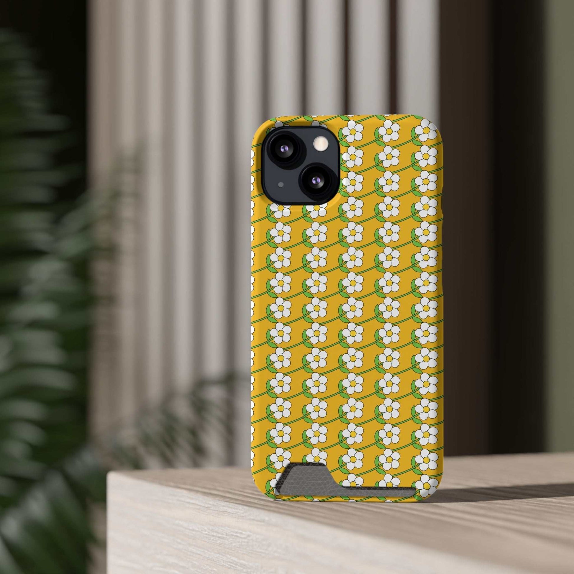 Floral phone case with yellow background and white flower pattern, slim protective card holder cover for smartphone