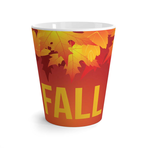 Fall latte mug with colorful autumn leaves design, 12oz capacity, microwave and dishwasher safe.
