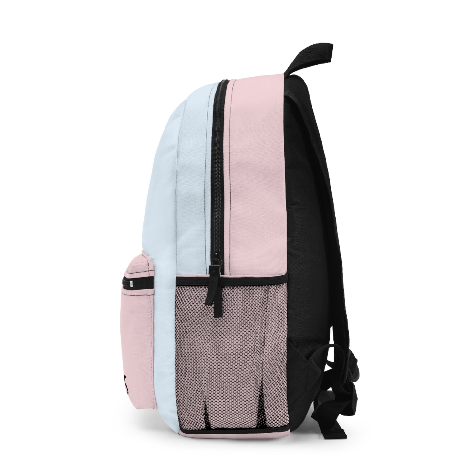 side view of stylish pastel colorblock backpack with mesh pocket and padded straps