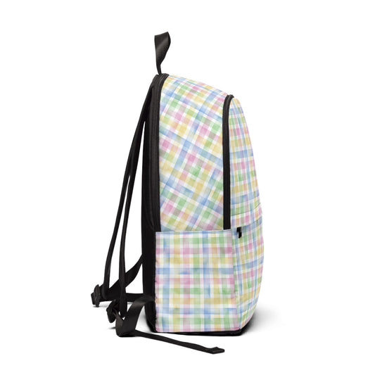 Unisex fabric backpack with pastel plaid pattern, padded back, adjustable straps, lightweight and waterproof design for school and travel