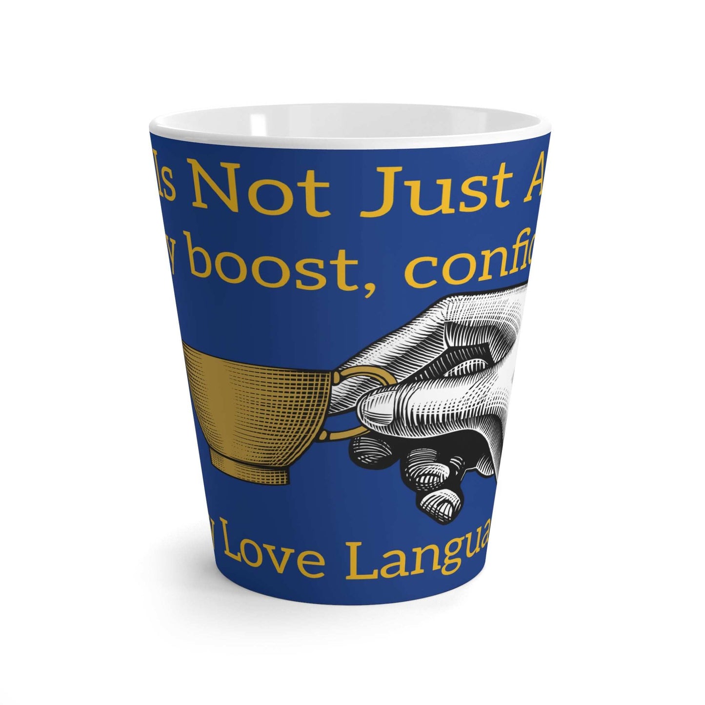 Coffee Lovers Latte Mug with bold blue design, ergonomic C-handle, microwave and dishwasher safe, ideal gift for baristas and coffee enthusiasts