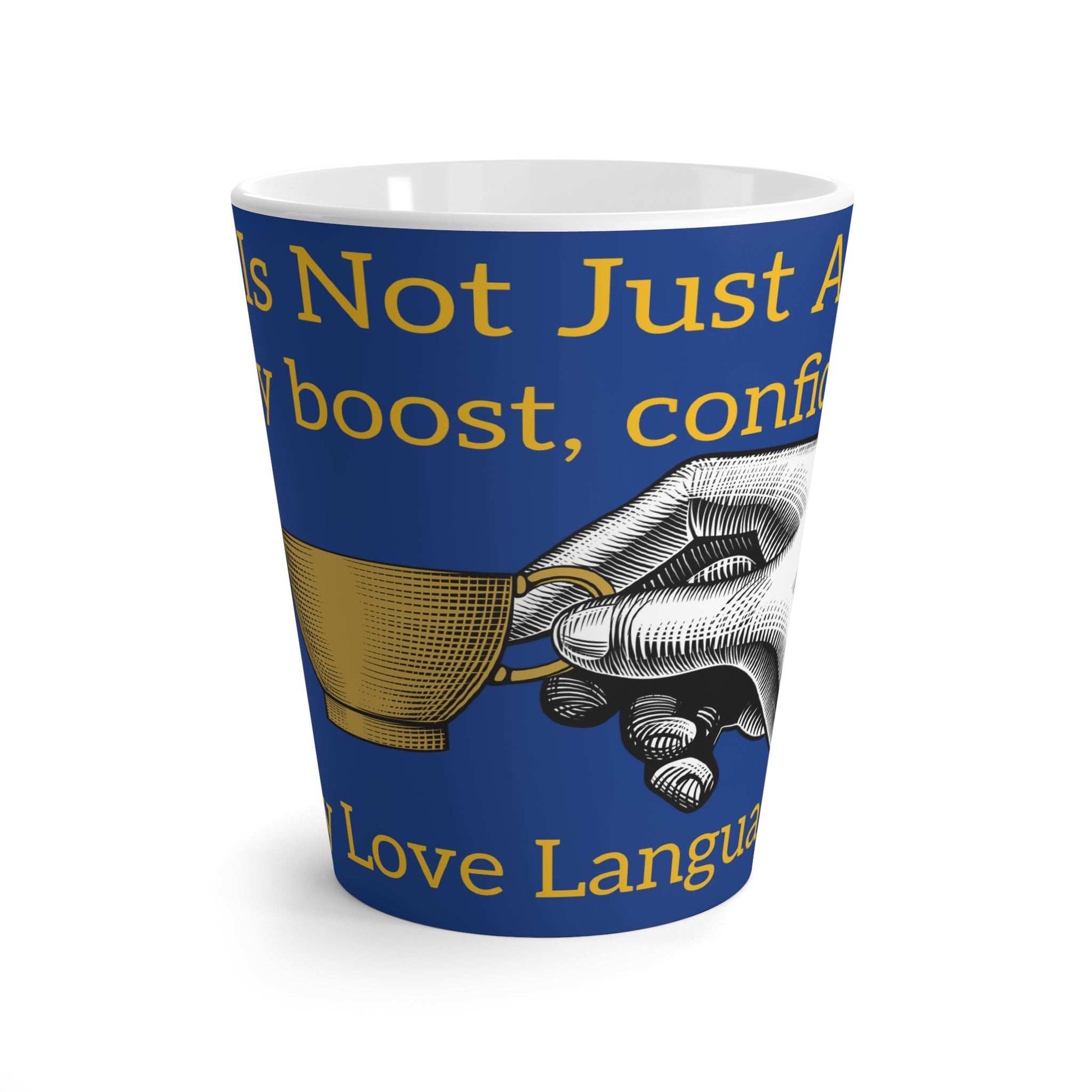 Coffee Lovers Latte Mug with bold blue design, ergonomic C-handle, microwave and dishwasher safe, ideal gift for baristas and coffee enthusiasts