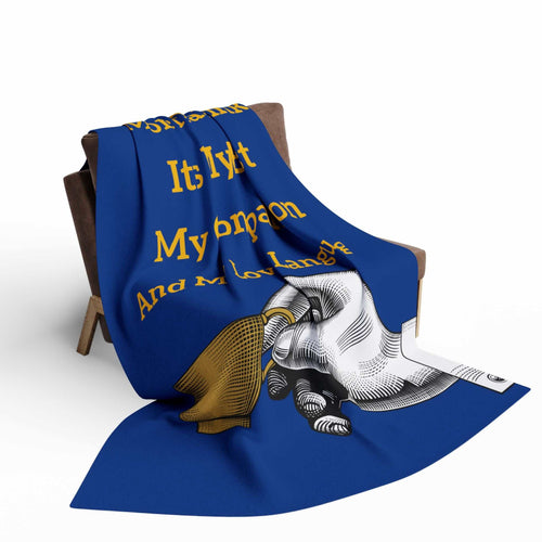 Coffee Lover's Cozy Fleece Blanket with blue background and coffee-themed graphic draped over chair