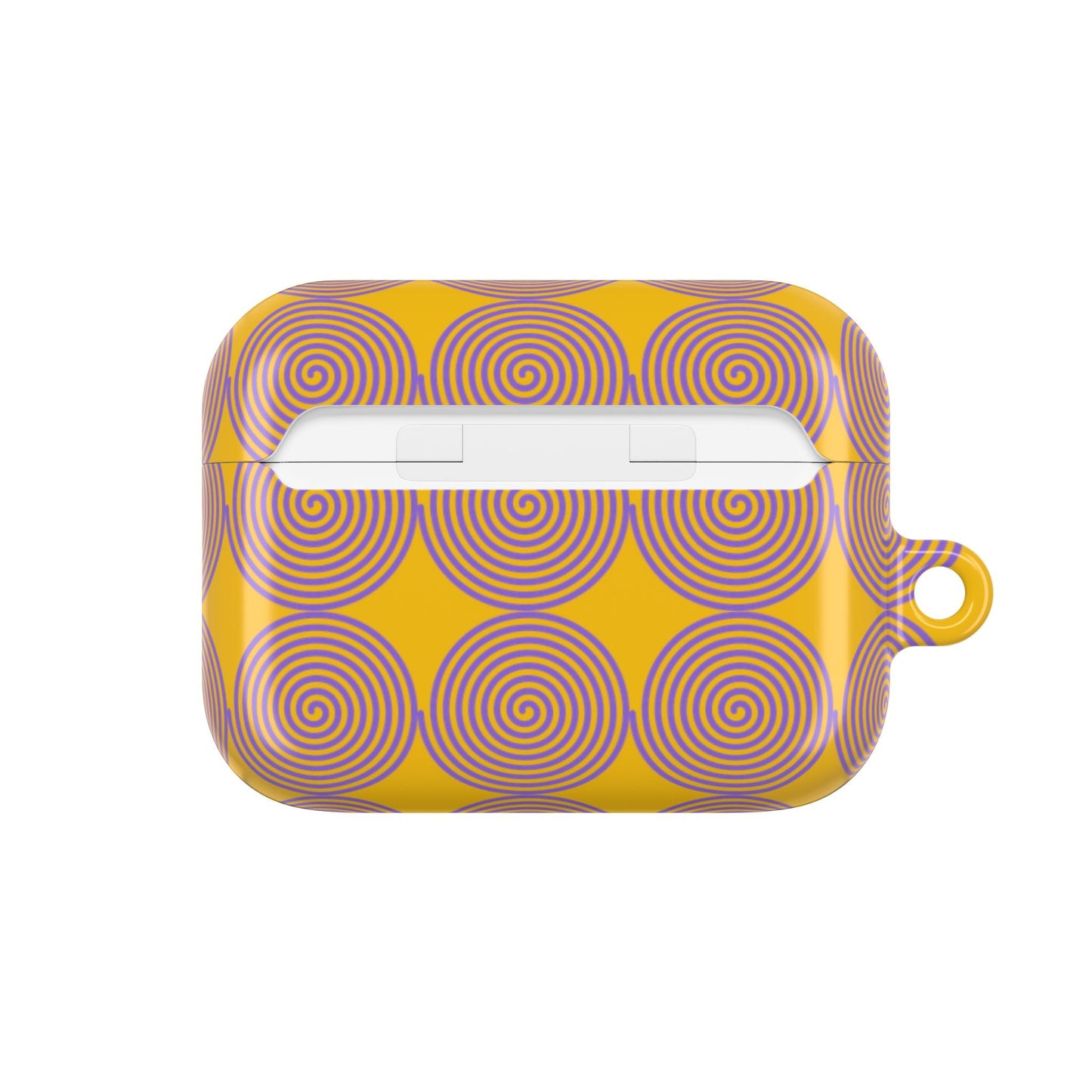 Bright yellow AirPod case with purple spiral pattern, slim, lightweight polycarbonate with carabiner.