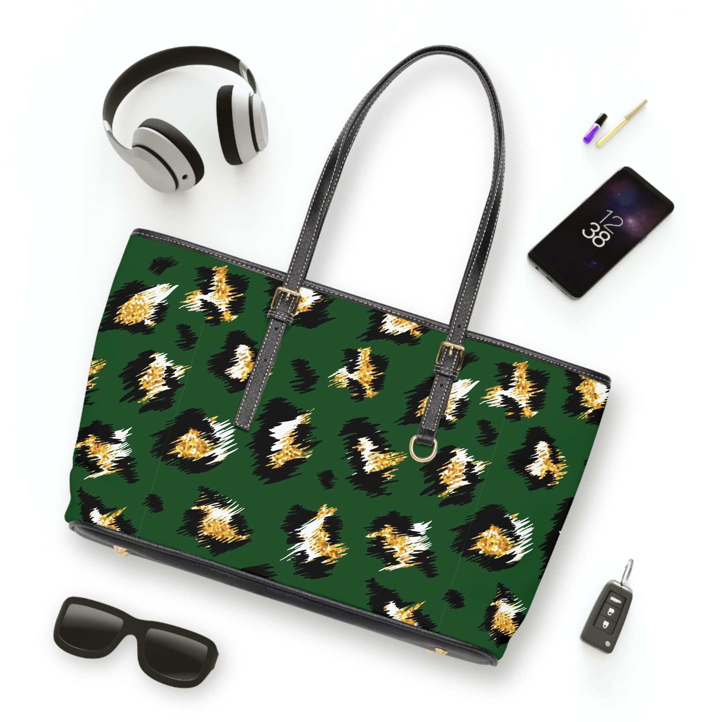 Stylish leopard print shoulder bag in green with black and gold accents, PU leather tote with adjustable handles and zippered pockets.