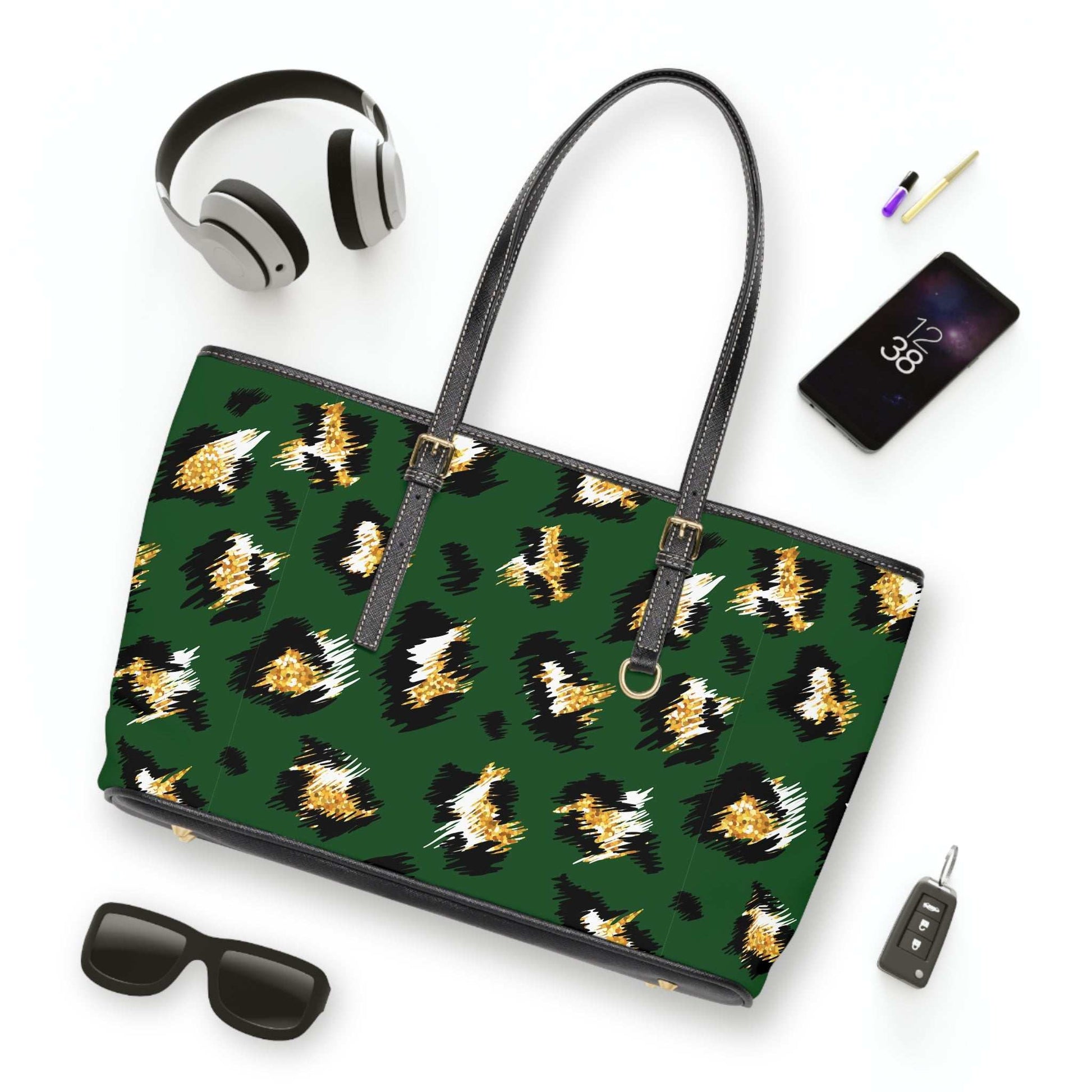 Stylish leopard print shoulder bag in green with black and gold accents, PU leather tote with adjustable handles and zippered pockets.