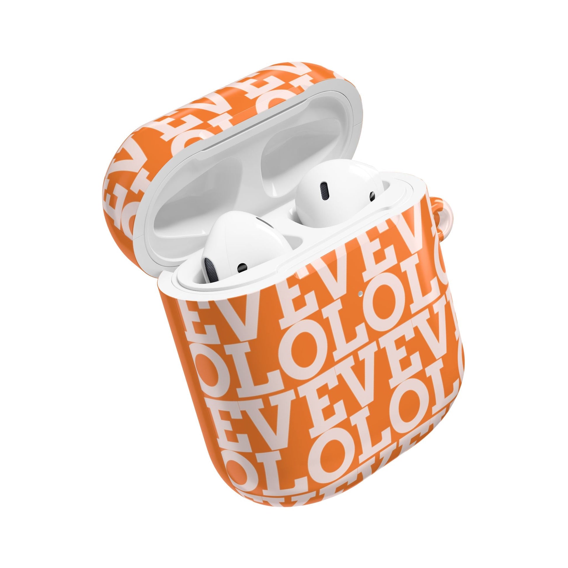 Orange AirPod case with white repeating text design, slim polycarbonate material with gloss finish and carabiner included