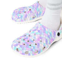 Shell AOP EVA Foam Shoes with colorful shell pattern, lightweight and comfortable clogs for indoor and outdoor use