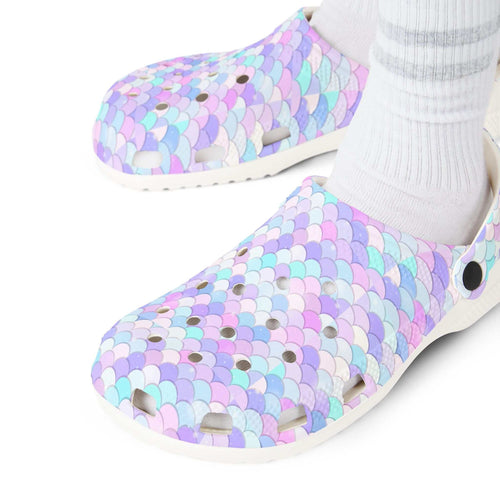 Shell AOP EVA Foam Shoes with colorful shell pattern, lightweight and comfortable clogs for indoor and outdoor use