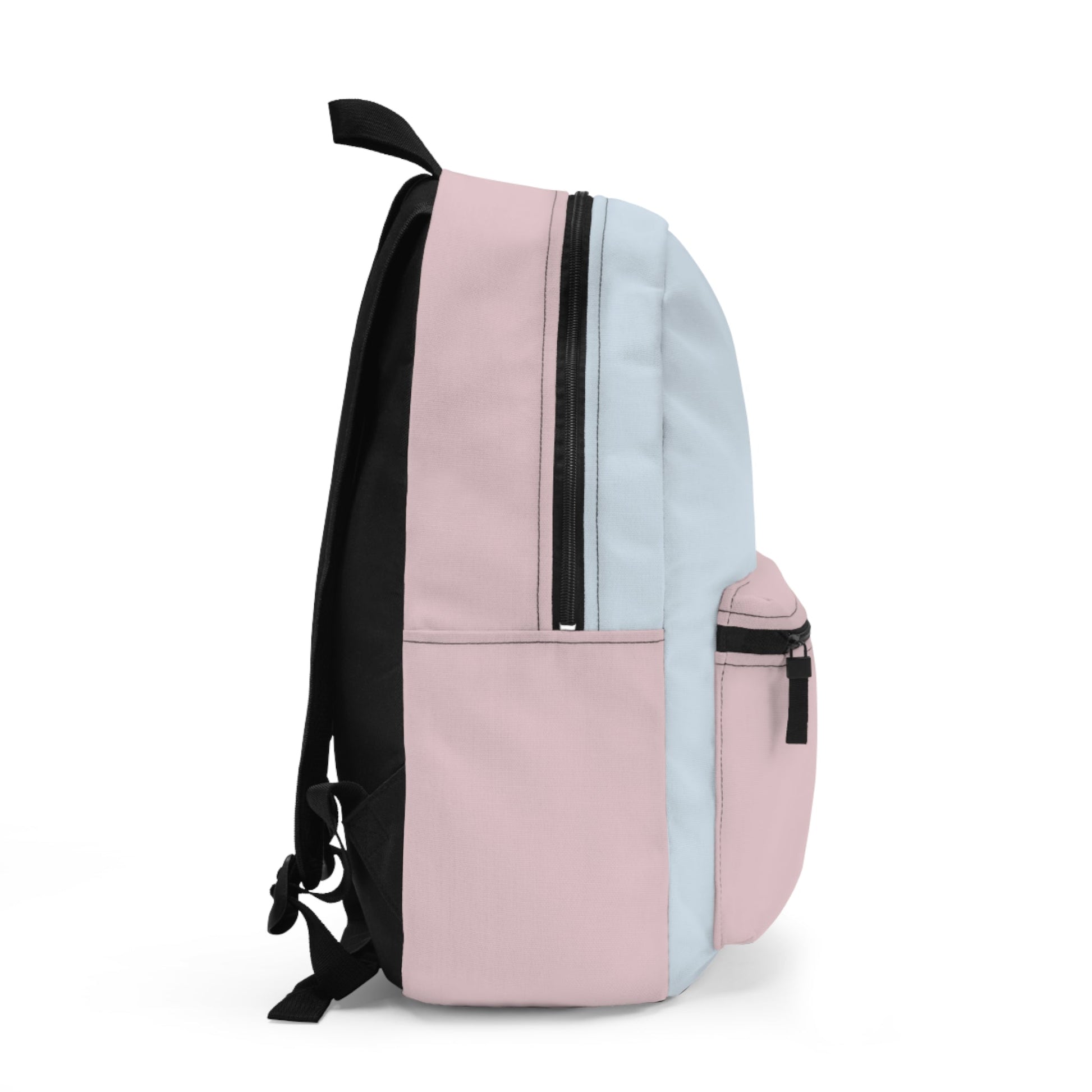 Side view of a stylish pink and light blue colorblock backpack with black straps and multiple zippered compartments for everyday use and travel