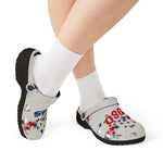 AOP EVA Texas Vibe lightweight EVA foam clogs with star and number print, black sole, worn with white socks