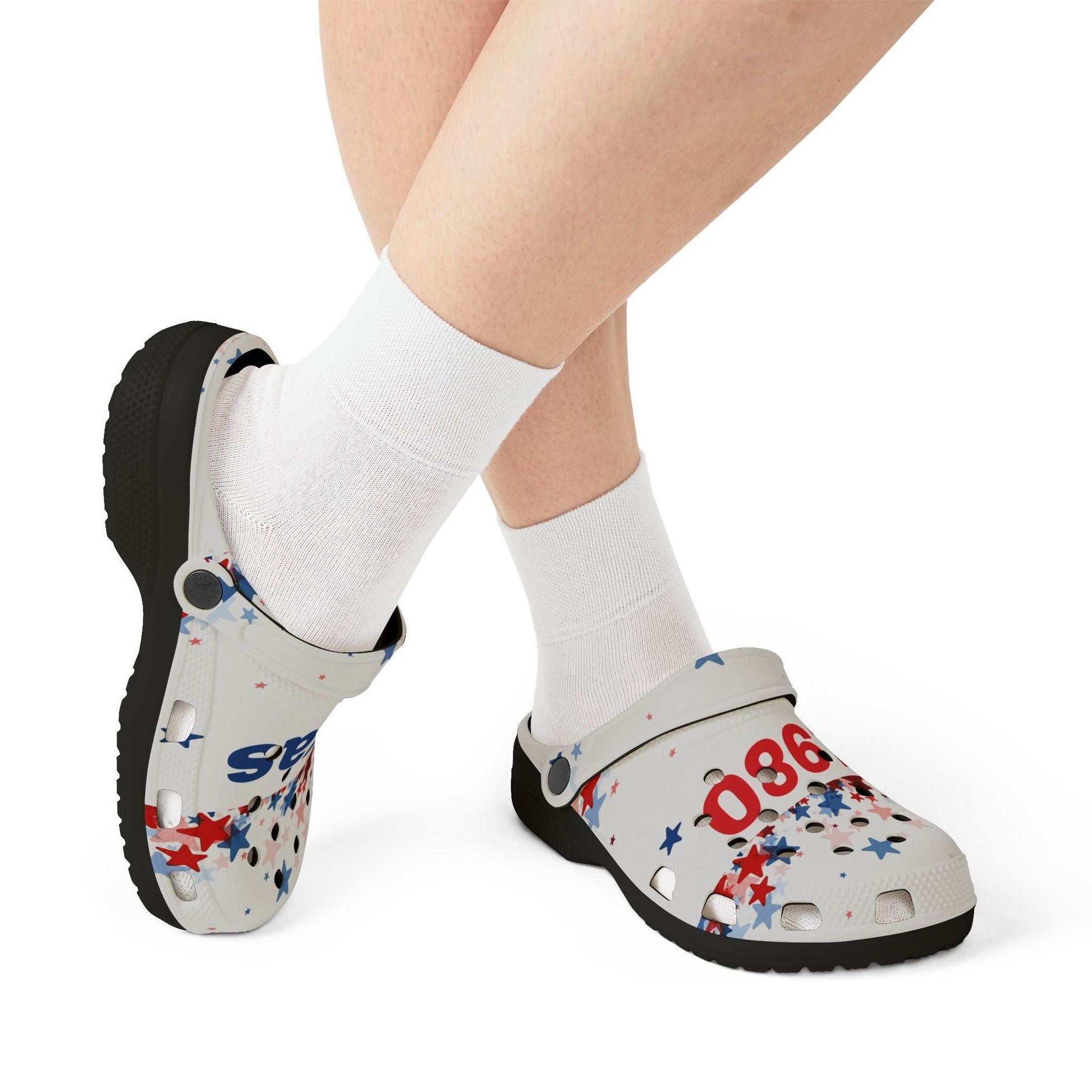 AOP EVA Texas Vibe lightweight EVA foam clogs with star and number print, black sole, worn with white socks