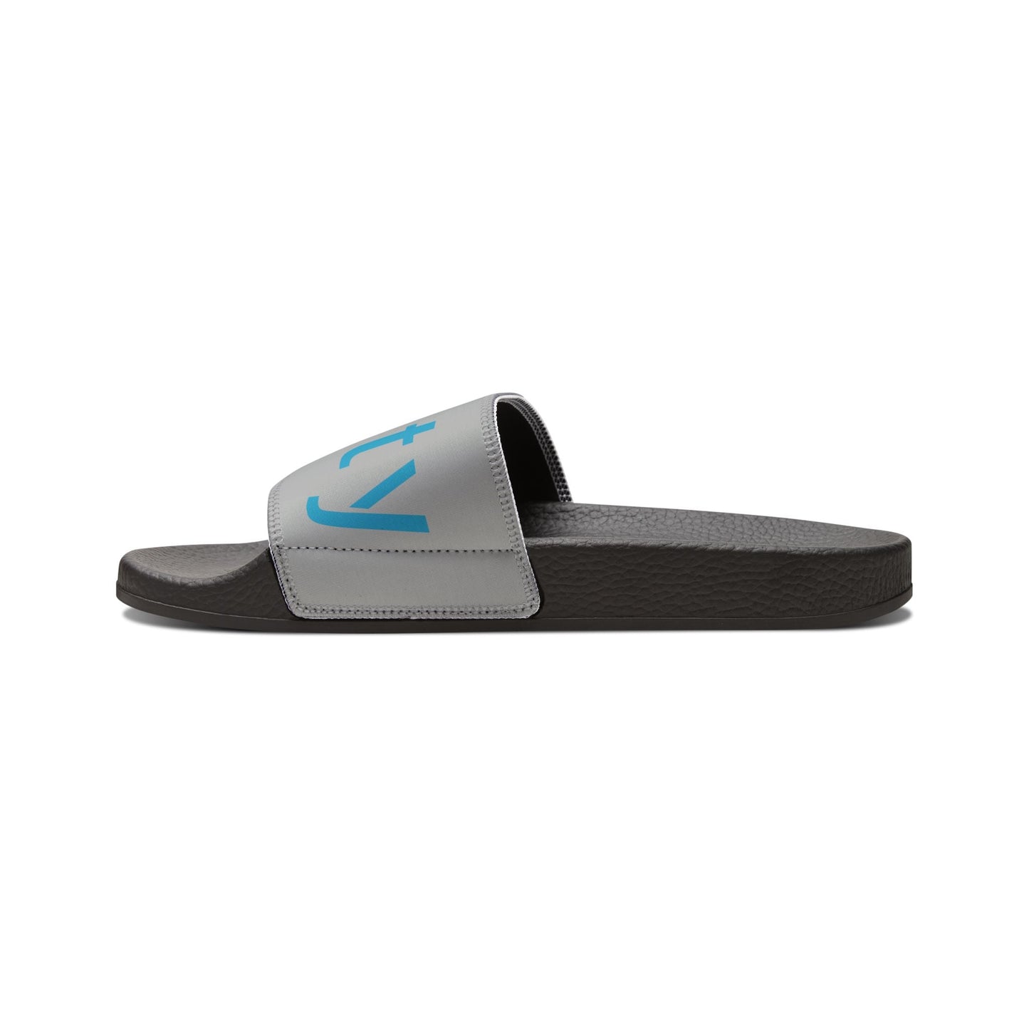 Women's removable-strap slide sandal with black PU outsole and gray neoprene polyester strap.