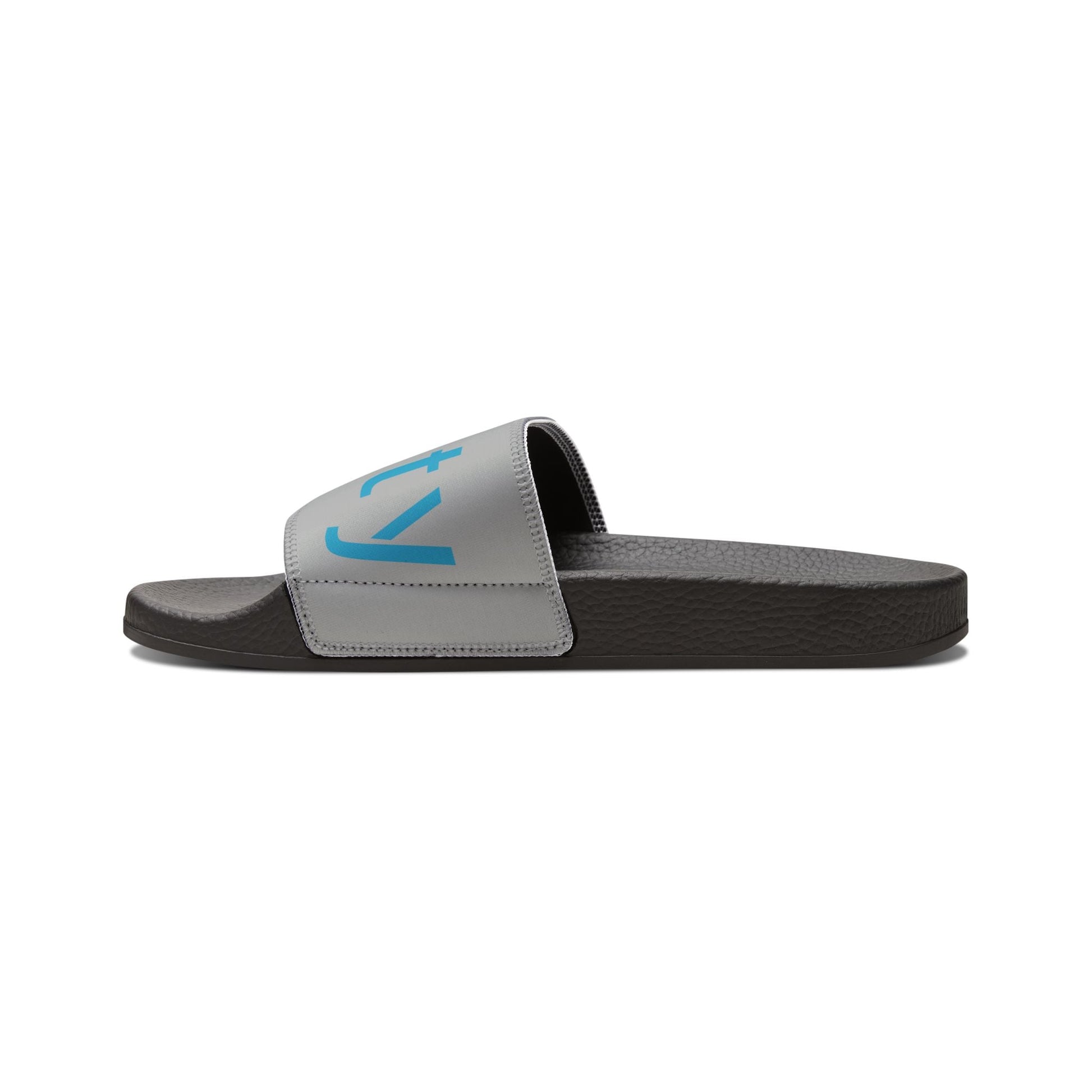 Women's removable-strap slide sandal with black PU outsole and gray neoprene polyester strap.