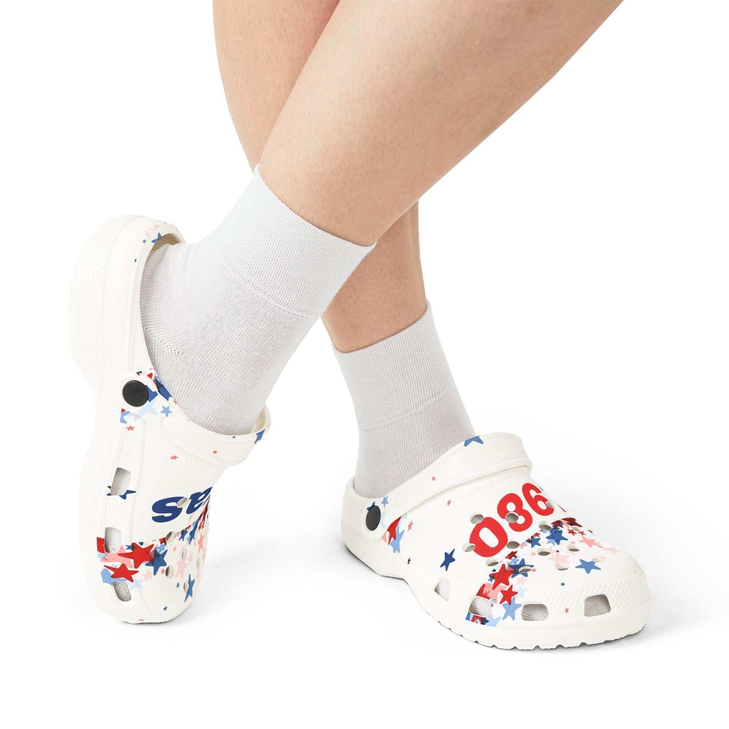 AOP EVA Texas Vibe foam shoes white clogs with red and blue star print and number design, lightweight and anti-slip.