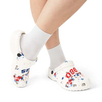 AOP EVA Texas Vibe foam shoes white clogs with red and blue star print and number design, lightweight and anti-slip.