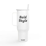 White 40oz insulated tumbler with handle and press-fit slider lid, eco-friendly travel mug with straw for hot and cold drinks, engraved Bold Stylz design
