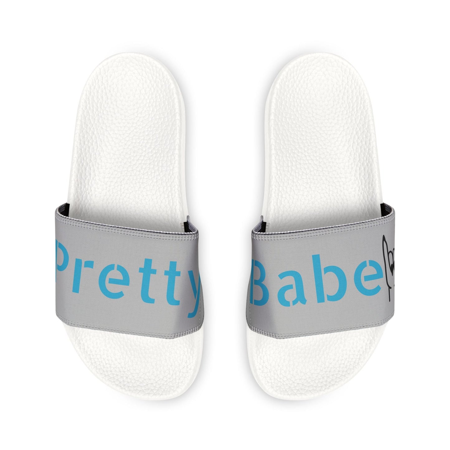Women's removable-strap sandals with ergonomic white soles and blue "Pretty Babe" printed neoprene straps