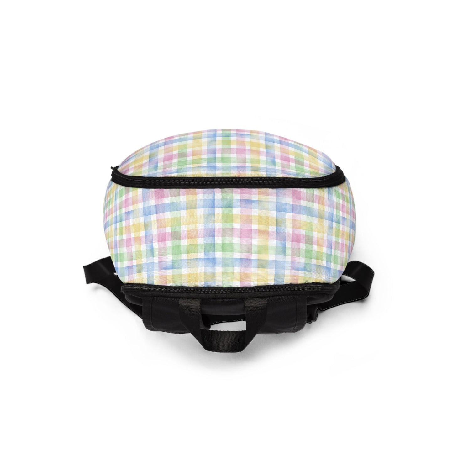 Unisex fabric backpack with colorful checked pattern, lightweight and waterproof, padded back panel and adjustable shoulder straps for comfort