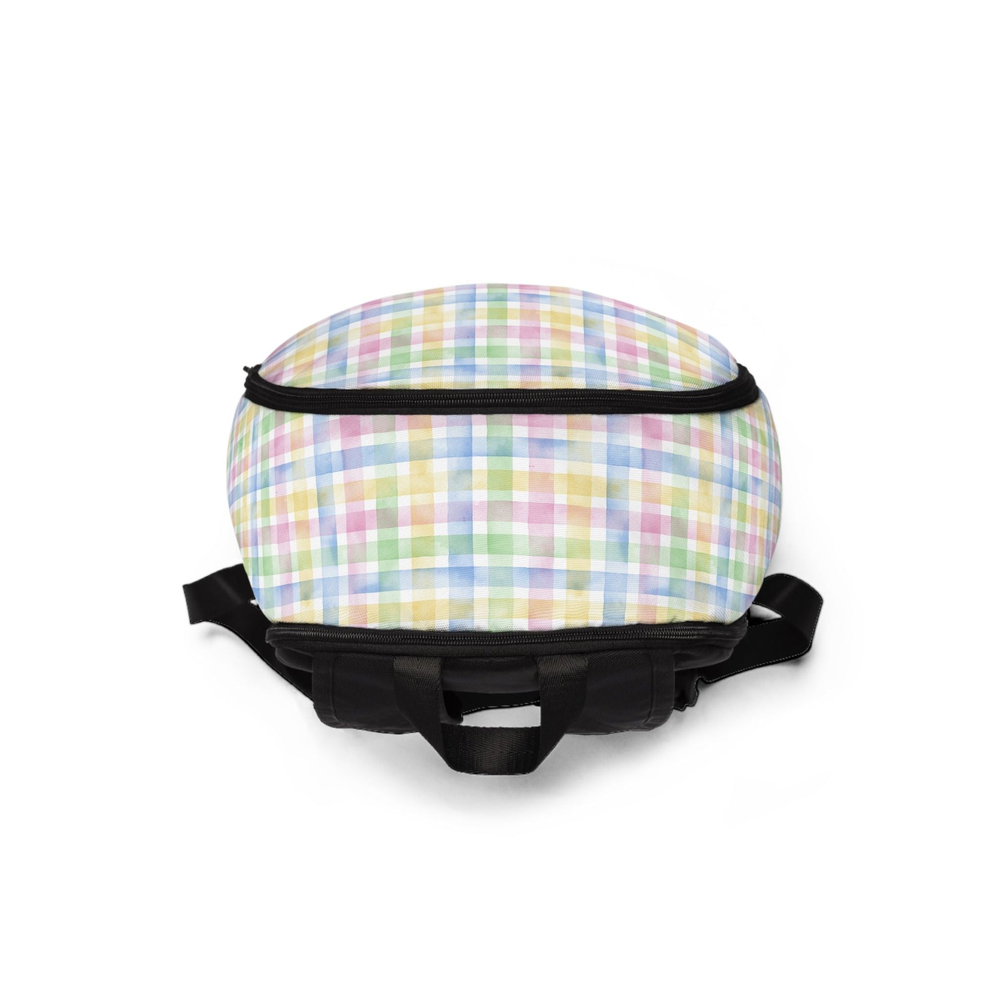 Unisex fabric backpack with colorful checked pattern, lightweight and waterproof, padded back panel and adjustable shoulder straps for comfort