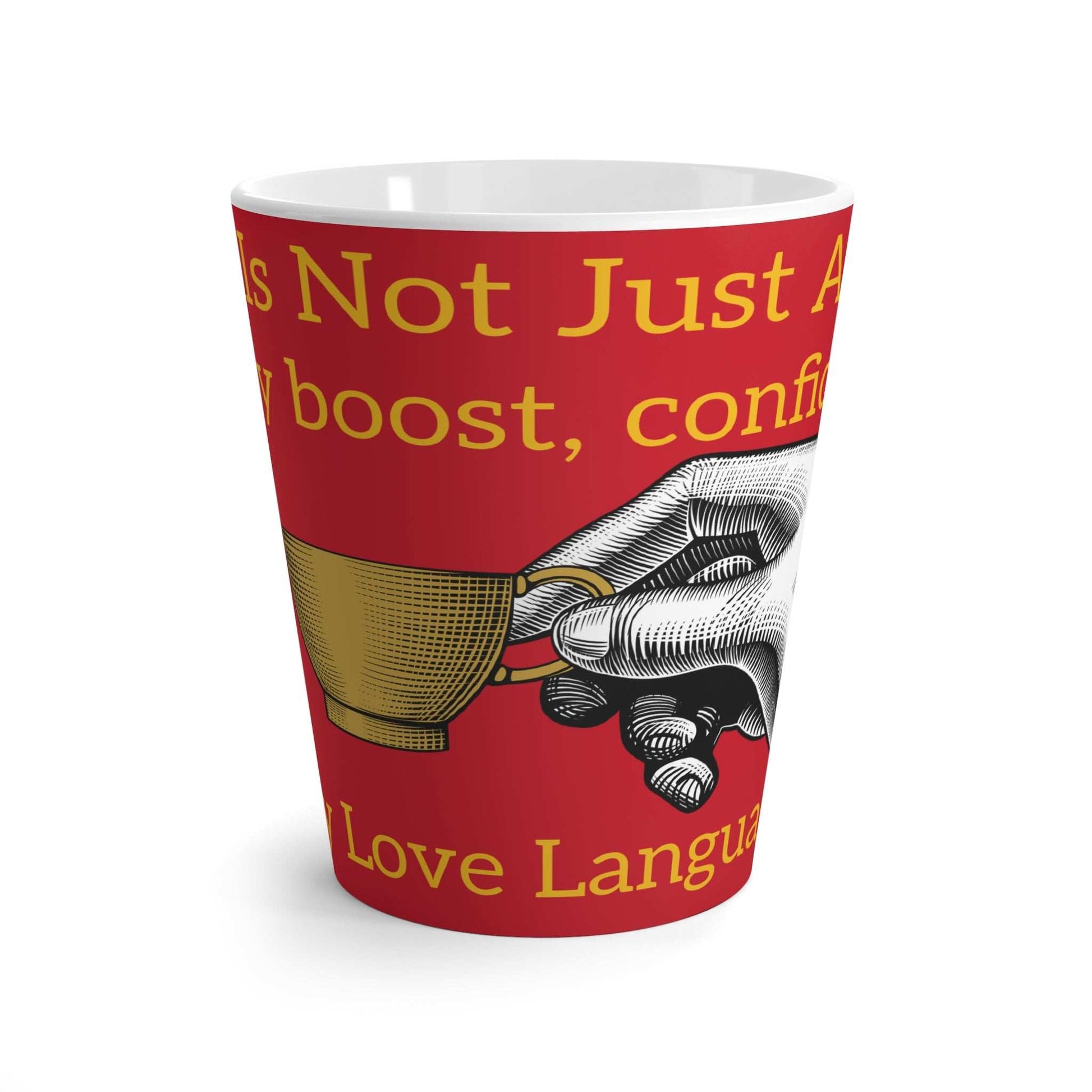 Coffee Lovers Latte Mug with red background and hand holding a gold cup design