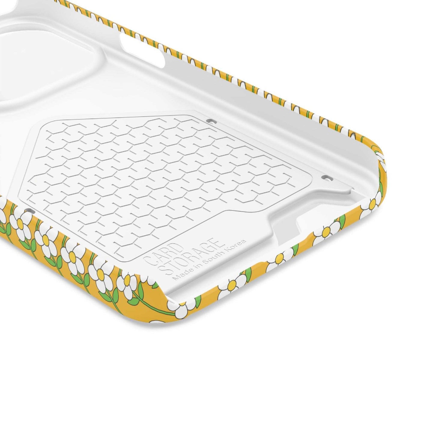 Floral phone case with card holder, durable polycarbonate, yellow background and white flowers design