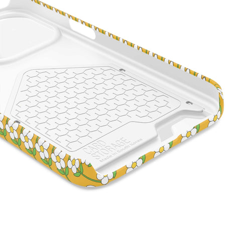 Floral phone case with card holder, durable polycarbonate, yellow background and white flowers design
