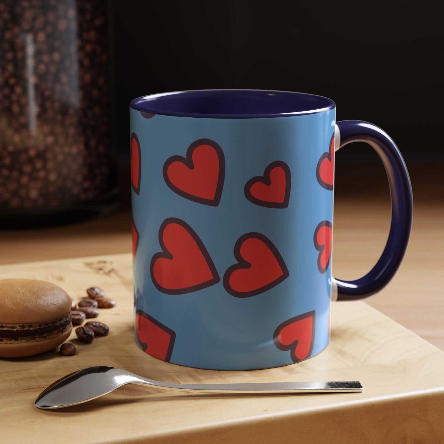 Vibrant Love Accent Coffee Mug with red hearts on blue ceramic and dark handle