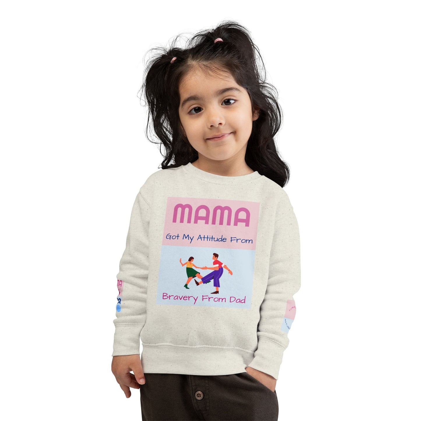 Toddler wearing Mama's Attitude Toddler Sweatshirt with playful graphic and soft fabric