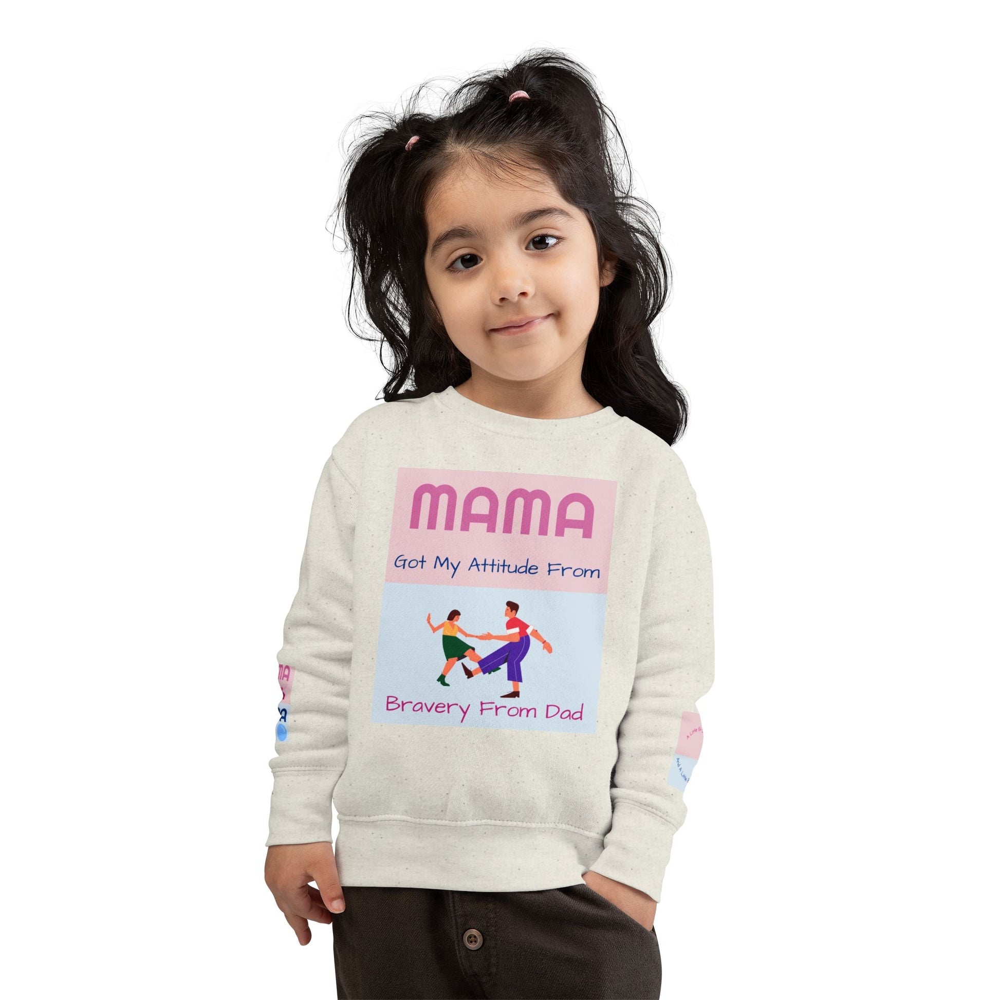 Toddler wearing Mama's Attitude Toddler Sweatshirt with playful graphic and soft fabric
