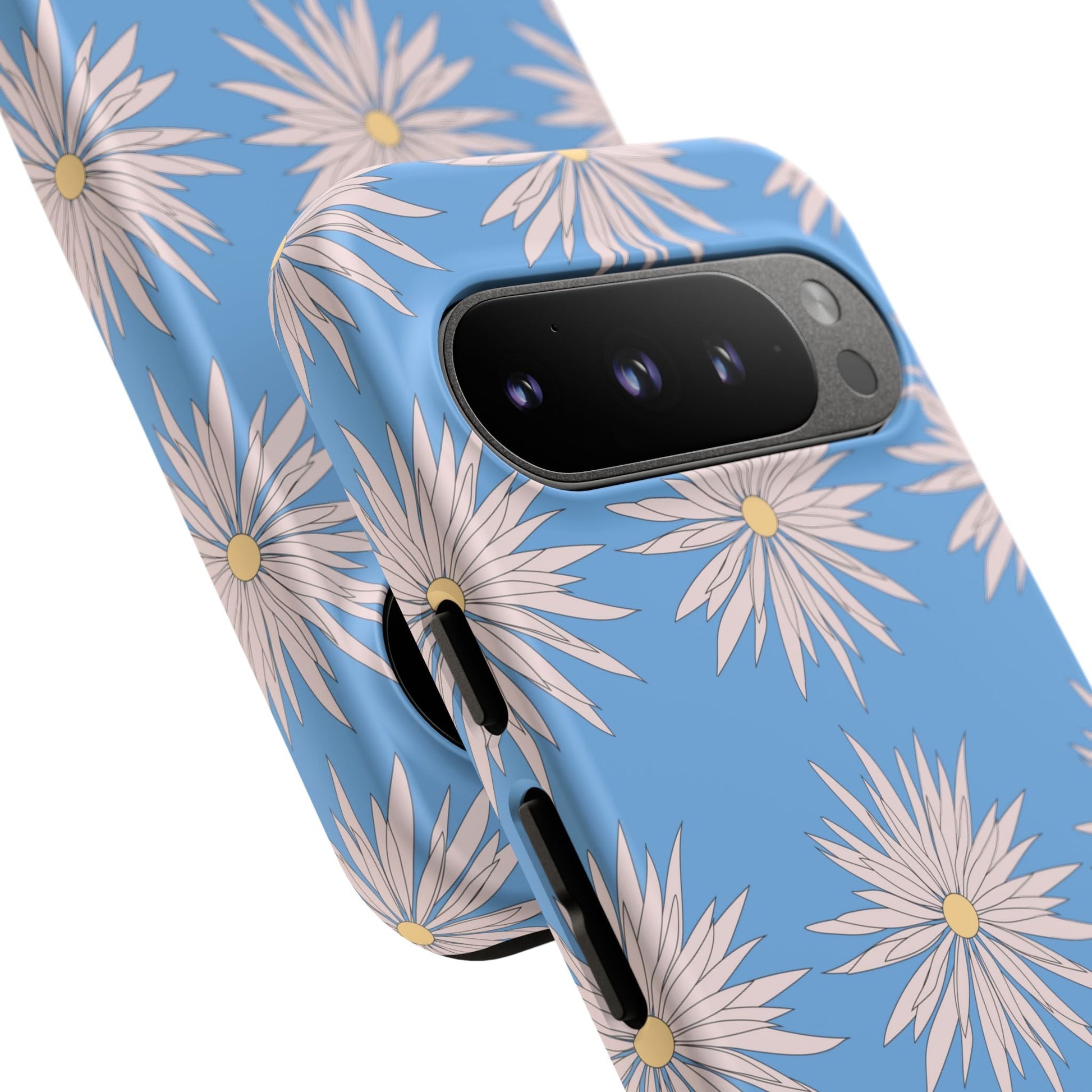 Blue daisy pattern phone case with floral design and durable protective cover