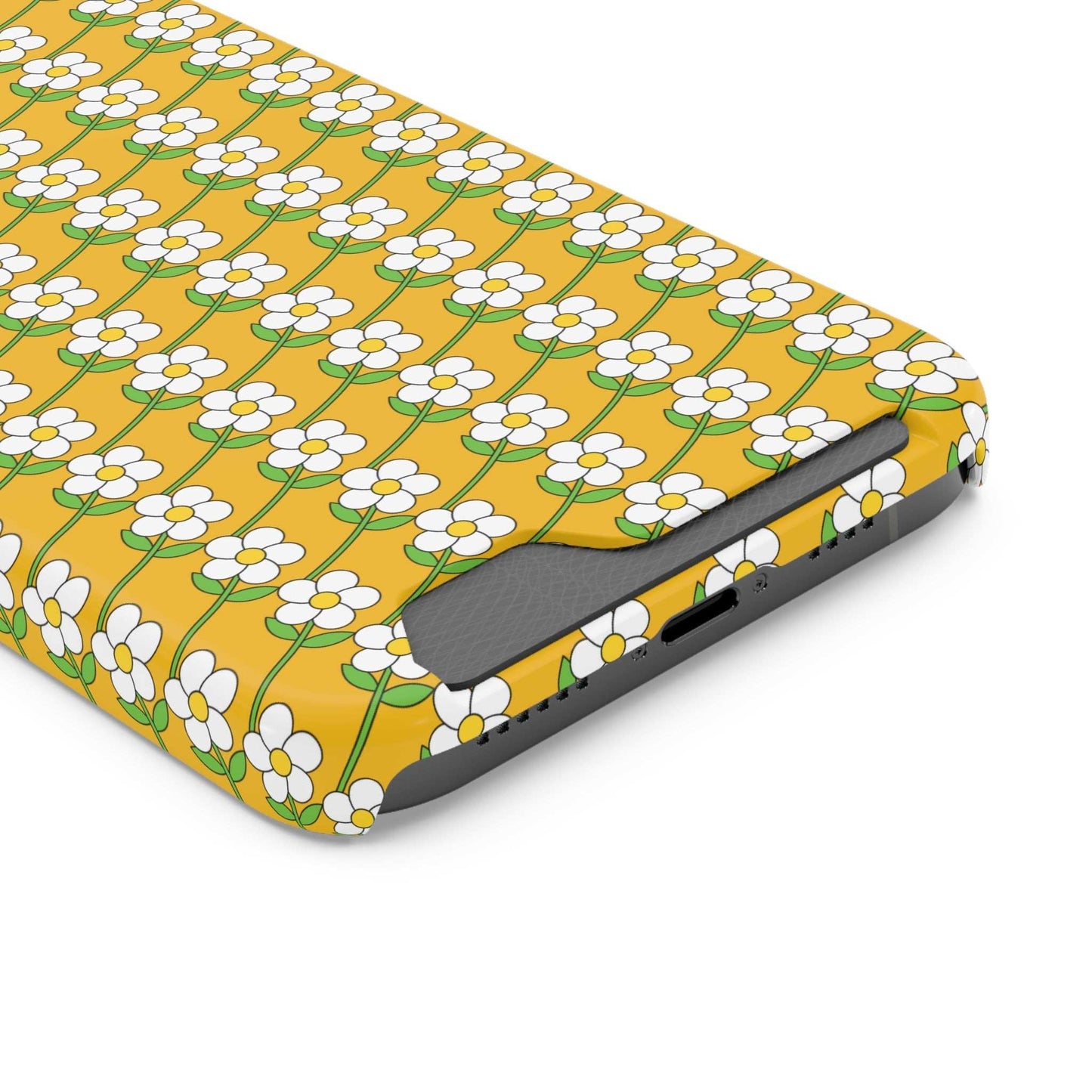 Yellow floral phone case with white daisy pattern and built-in card holder, slim protective cover
