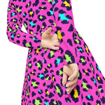Women's long sleeve dance dress with vibrant multicolor leopard print and scoop neckline