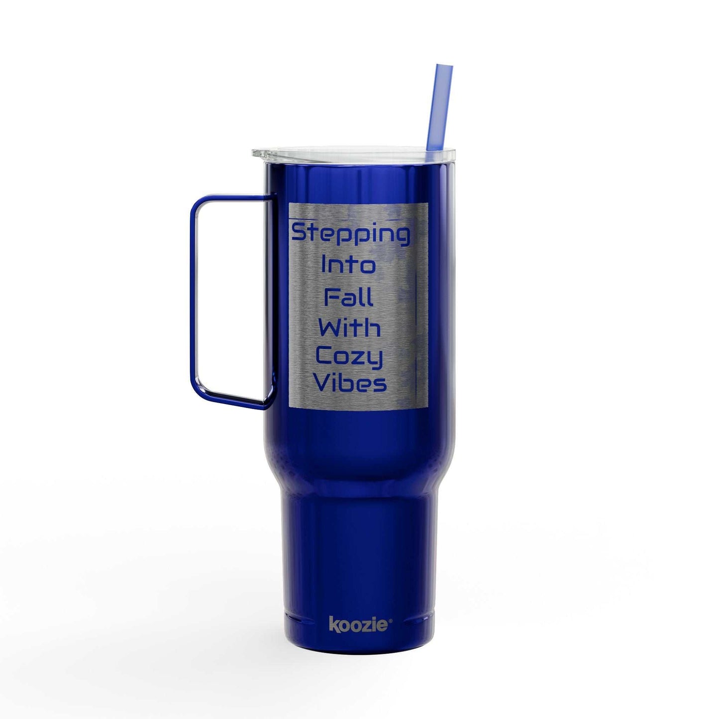 Blue Cozy Vibes Insulated Tumbler with handle, spill-resistant lid, and straw for hot and cold drinks