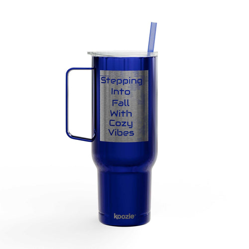 Blue Cozy Vibes Insulated Tumbler with handle, spill-resistant lid, and straw for hot and cold drinks