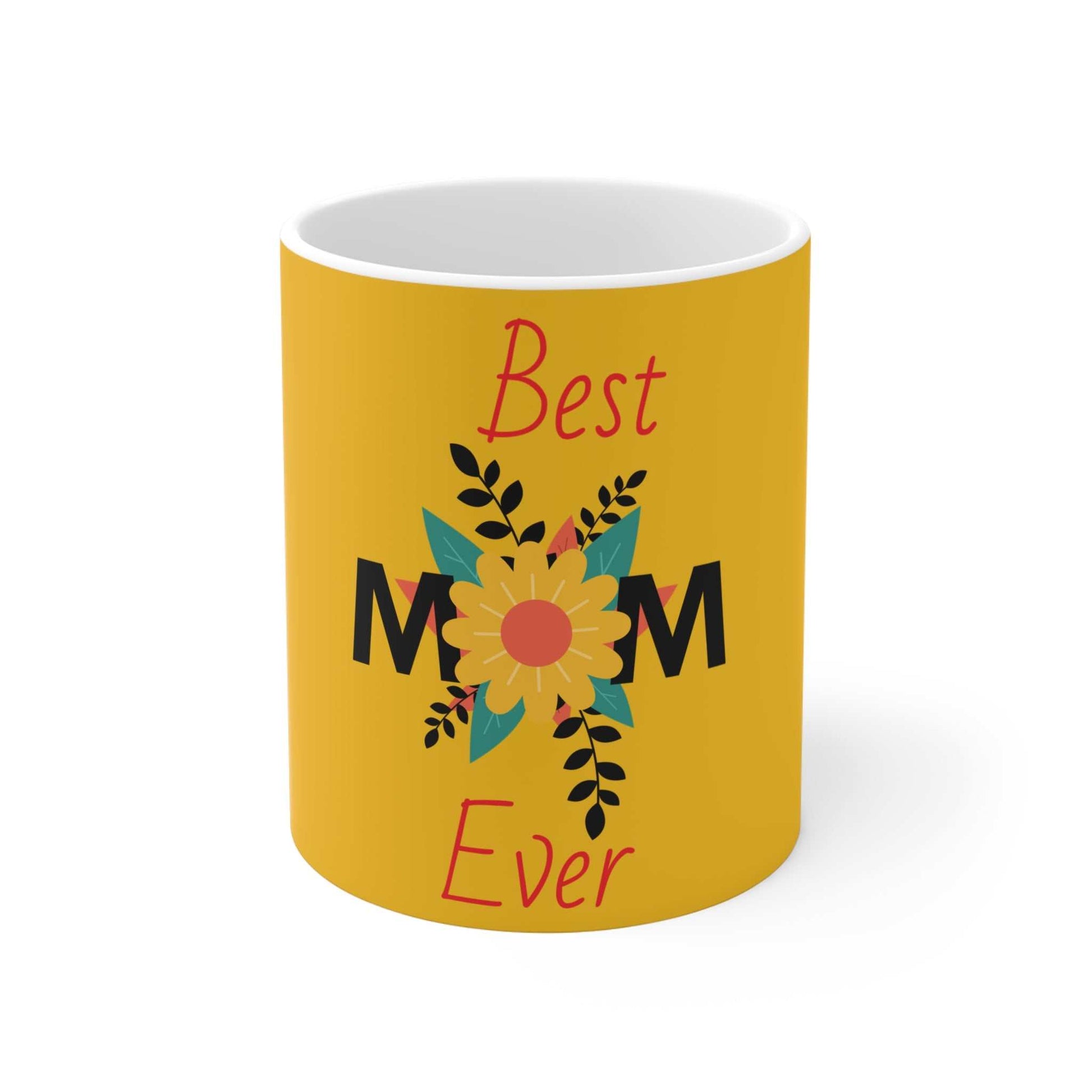 Best Mom Ever Christmas Mug with floral design on yellow ceramic cup, 11oz capacity, microwave and dishwasher safe