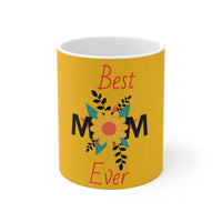 Best Mom Ever Christmas Mug with floral design on yellow ceramic cup, 11oz capacity, microwave and dishwasher safe