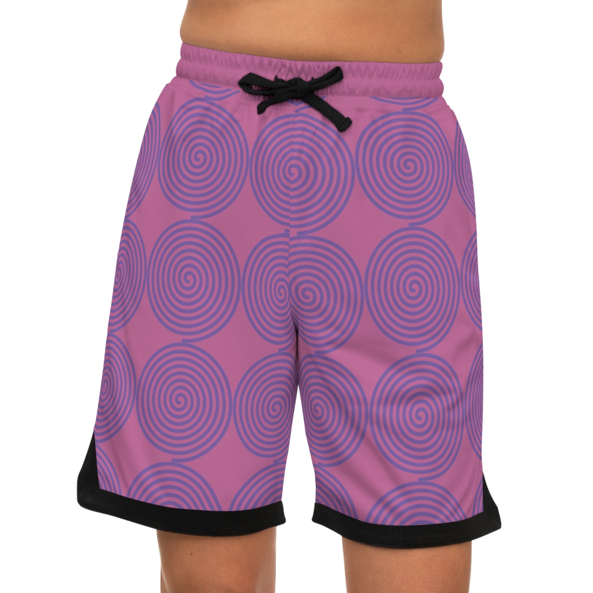 Women's basketball rib shorts in purple with blue spiral pattern, black trim, moisture-wicking polyester, and side pockets.