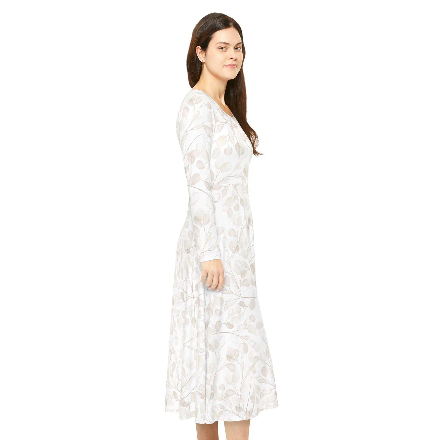 Woman wearing floral white polyester long sleeve dance dress with scoop neckline and regular fit