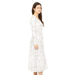Woman wearing floral white polyester long sleeve dance dress with scoop neckline and regular fit
