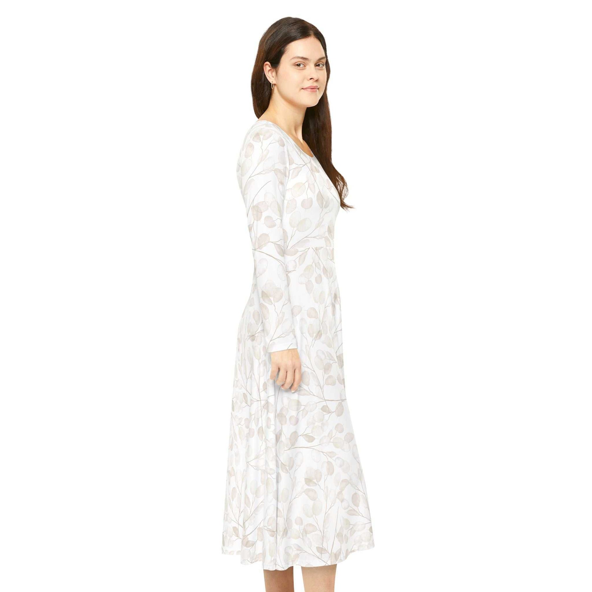 Woman wearing floral white polyester long sleeve dance dress with scoop neckline and regular fit