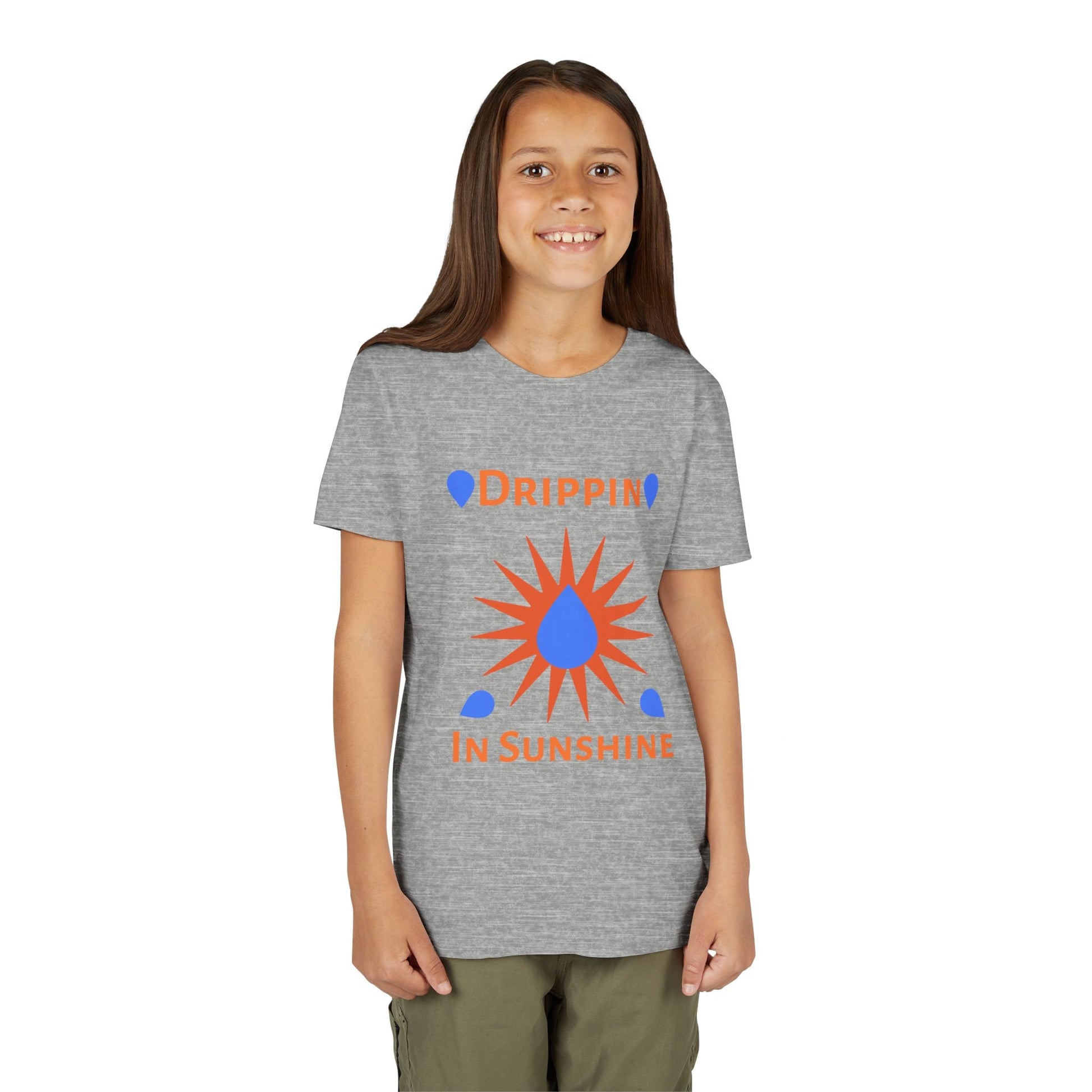 Youth short sleeve tee in heather gray with custom "Drippin In Sunshine" graphic worn by smiling girl