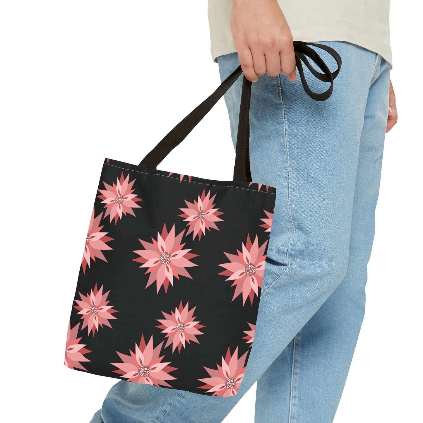 Colorful AOP Tote Bag with pink floral pattern, black handles, durable polyester reusable shopping bag
