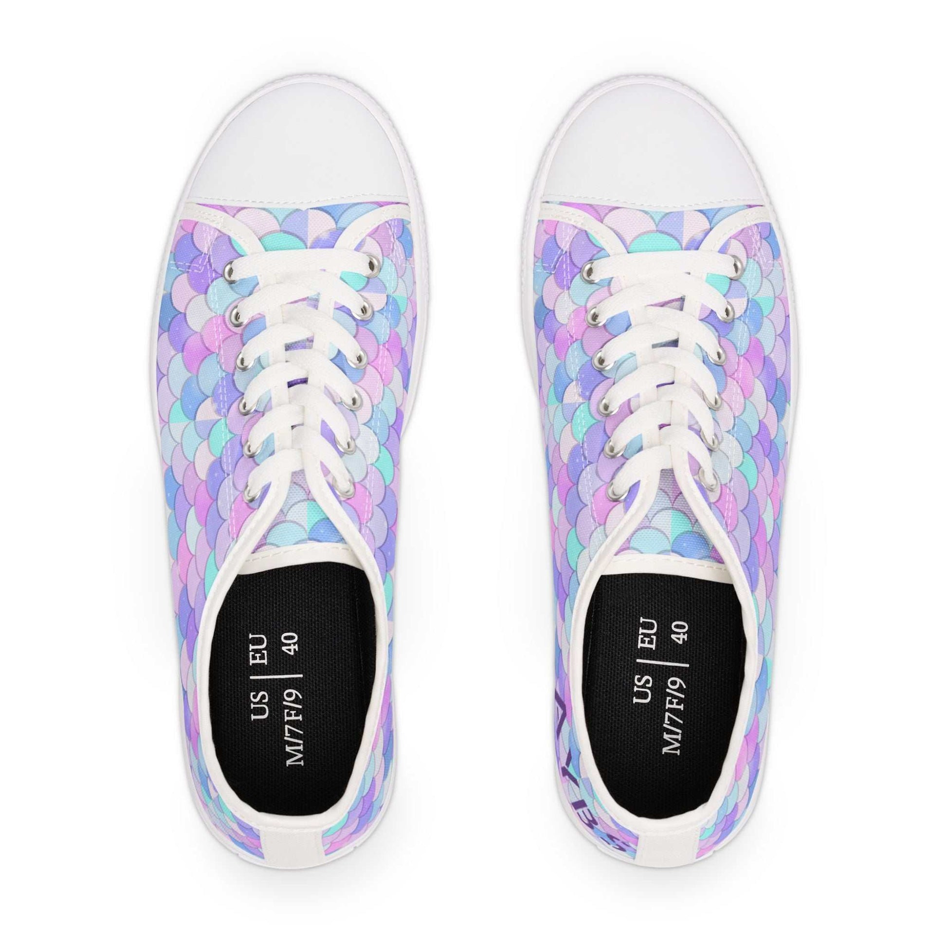 Pastel mermaid print women's low top sneakers with breathable polyester canvas and metal eyelets